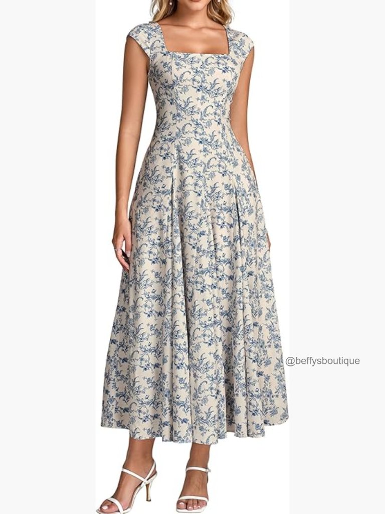 Floral Corset Midi Dress Square Neck Flowy A-Line With Pockets